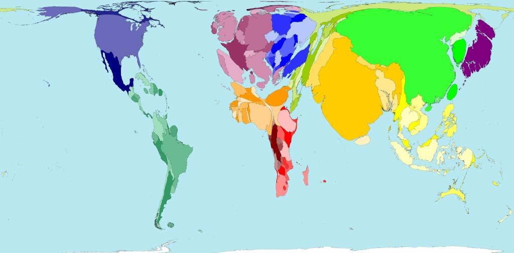 World map weighted by population in