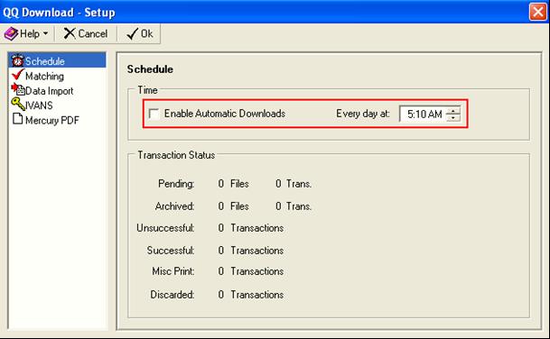 Configure remainder of QQDownload QQDownload can be configured to download transactions automatically every day at a specific time by checking Enable Automatic Downloads.