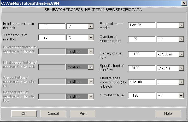 Figure 16. Semibatch process. Heat transfer specific data. By now, you have entered all the required parameters of your equipment and process. Click OK, and VisiMix will start the calculations.