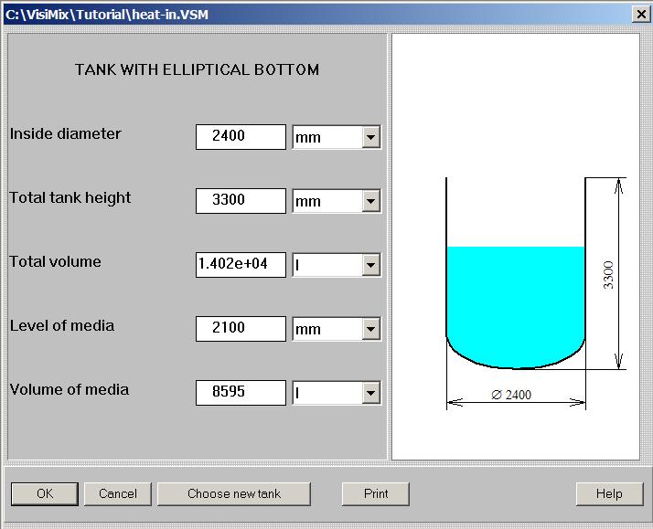 Figure 4. Entering tank data. After you click OK, the Baffle types menu with different baffles (no baffle option, two types of flat baffles and two types of tubular baffles) appears.