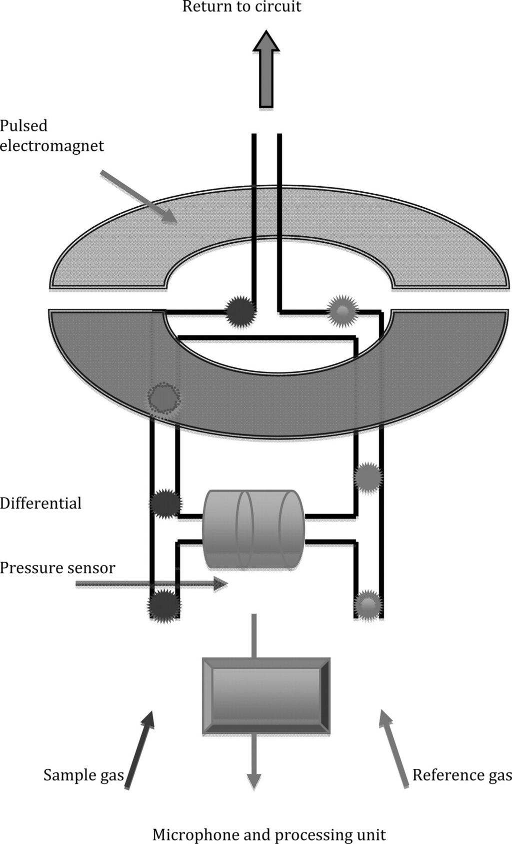 . Schematic drawing of a Paramagnetic sensor; oxygen is drawn towards the magnet and