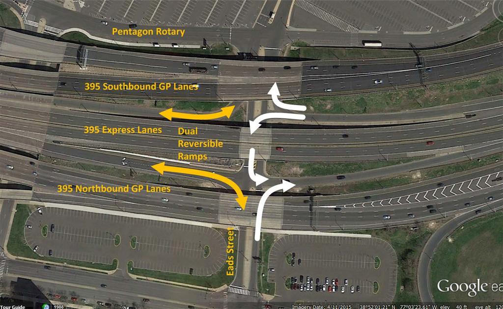 395 Express Lanes Dual reversible ramps Dual reversible ramps are provided to address a number of design concerns: Provides maximum traffic capacity by dividing heavy Eads movements
