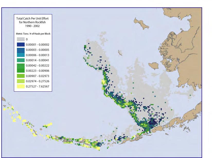 In the Aleutian Islands, 188 blocks have a catch to trawl ratio of 1, and in the Bering Sea, 52 blocks have a catch to trawl ratio of 1.