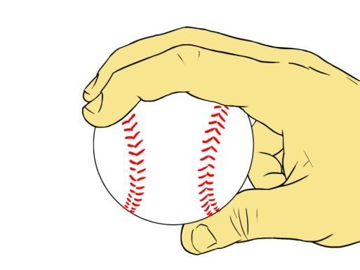 Demonstrate the proper four seam grip as follows: Take the middle and index fingers of your throwing hand, and place them perpendicular to the horseshoe of the seams on the baseball.