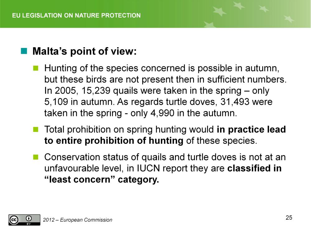 Slide 25 Malta: Hunting of the species concerned is possible in autumn, but these birds would appear not to be present then in sufficient numbers.
