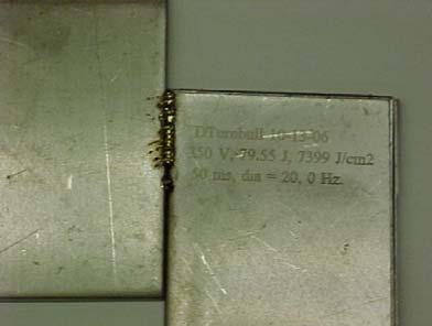 The sample on the right, 24ga. 304 SS, was welded with 300V, 50ms, dia=20 (58J, 5400 J/cm 2 ).