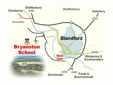 .. Bryanston is located approximately twenty-four miles south-west of Salisbury and fourteen miles north-west of Poole.