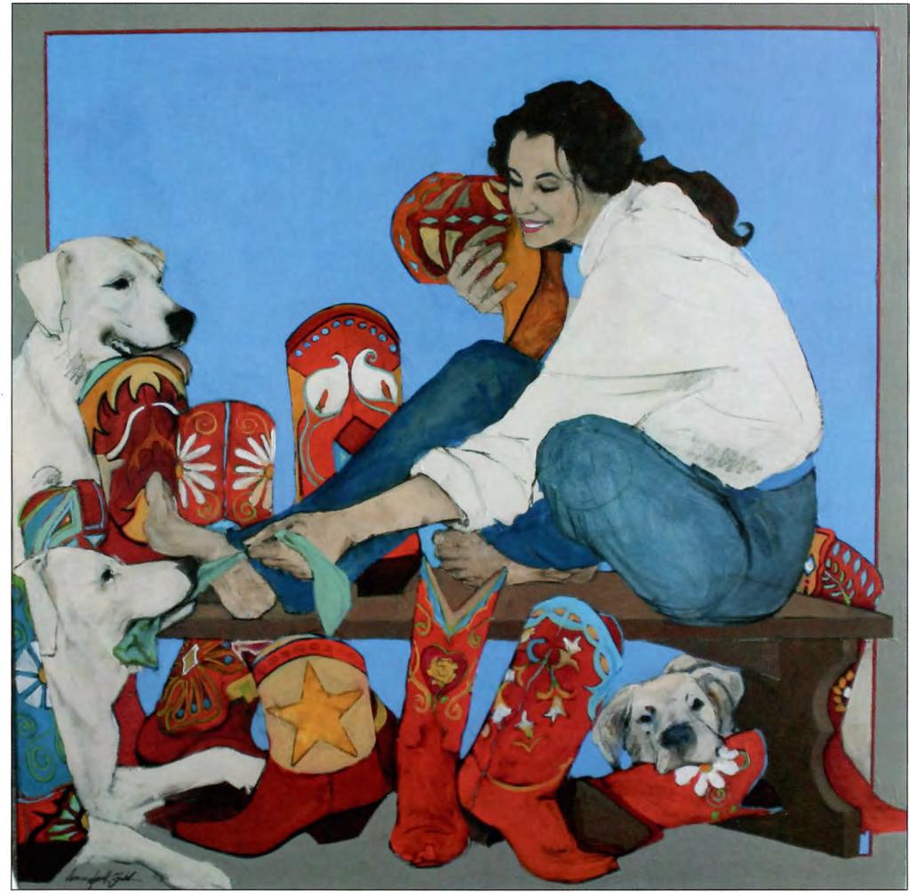 Soul Searching-The Pick of the Litter, mixed media, 36' by 36' "You can never have too many dogs or enough protective footwear, albeit the symbolic kind, because you never know where you are going to