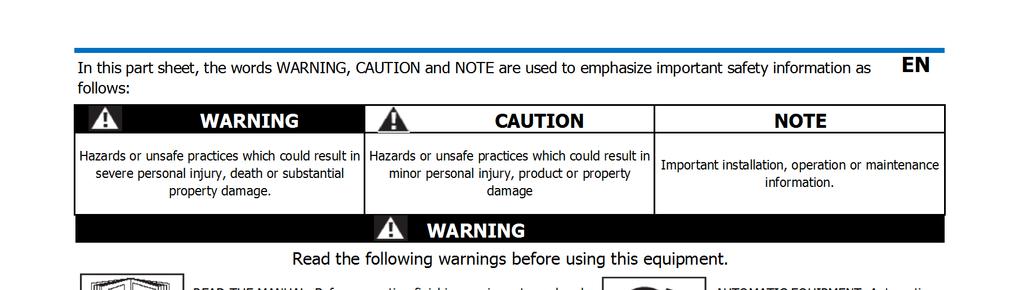 In this part sheet, the words WARNING, CAUTION and NOTE are used to emphasize important safety information as follows: WARNING CAUTION NOTE Hazards or unsafe practices which could result in severe