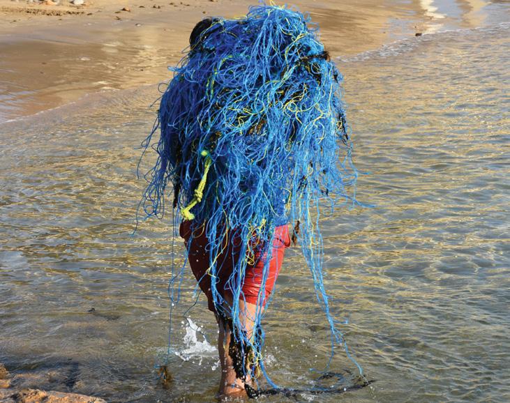 Image: A volunteer carries a bundle of lost fishing net ashore to be recycled as part of the Olive Ridley Project.