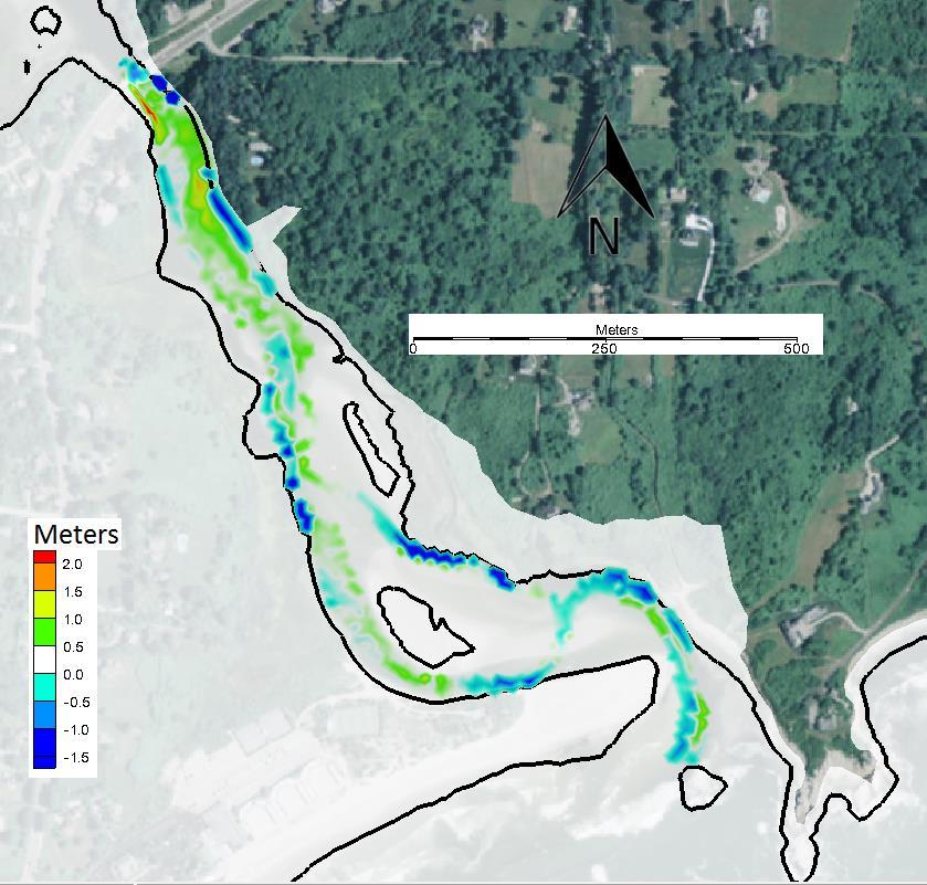 6 ft]). Areas south of Sprague Bridge and south of flood delta shoal shallower (0.5 to 1.5 m [1.