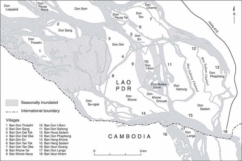 Figure 1: The Khone Falls area, including Hang Khone Village, Southern Laos Map prepared by Ole Heggen, Geography Department, University of