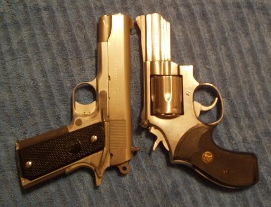 A pistol that holds several cartridges that can