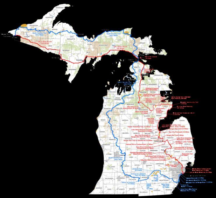 As envisioned, this trail would connect Ironwood to Belle Isle along both a western route and an eastern route through the State of Michigan.