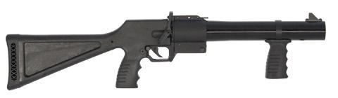 length of 11 inches/280mm with pistol grip and 29 inches/740mm extended or fixed stocks with an unloaded weight of 6 lbs/2.75 kg, utilizes 37mm x 305mm max length munitions.