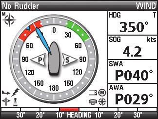 Wind Display (optional-purchase Wind Sensor required) Wind mode has a special layout on the screen that represents the apparent wind and set wind across the bow of the