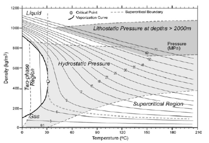 Figure 2.8: Variation of CO 2 density as a function of temperature and pressure assuming hydrostatic and lithostatic pressure conditions [9]. 2.2.2 Hydrocarbon displacement Displacement processes in reservoirs are present when one phase displaces another in two-phase flow or three-phase flow.