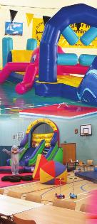 Both have a bouncy castle designed for under 4 year olds, soft play equipment, space for party games, CD Player and tables and chairs for eating just bring your own party food.