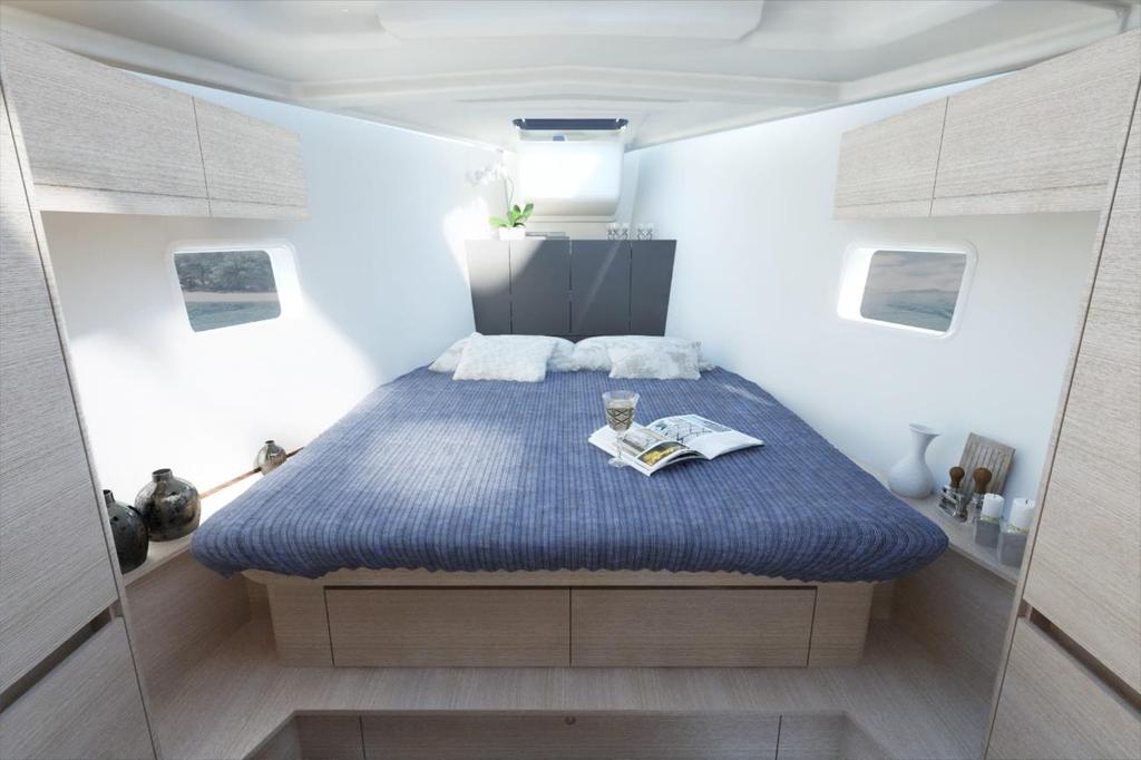 PK 12.07.2017 17 Concept Master Cabin The modern and stylish master cabin is featuring three cupboards one at the bow and two aft. It offers a king size island birth of 1.60 x 2 m.