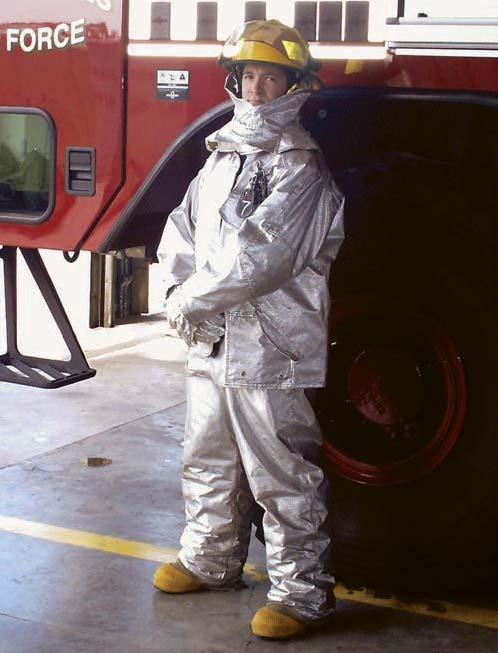 162 FIRE ENGINEERING S HANDBOOK FOR FIREFIGHTER I & II have an aluminized coating applied, which is similar to the material found on the coat and pants. This coating reflects the high radiant heat.