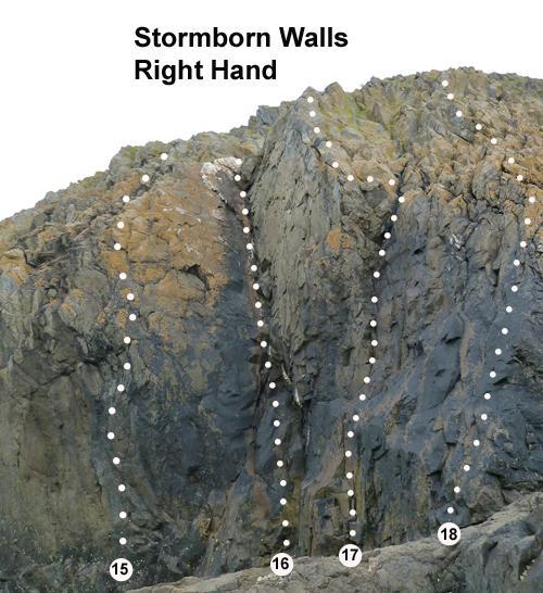 Page4 Stormborn Walls Stormborn Walls Right Hand Approach: Is made from the south by descending a narrow slabby ramp and by traversing northwards along very slippery ledges. Low to mid tide required.