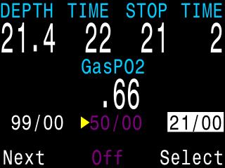 Gases are sorted from highest 2% to lowest 2%. Stepping past the last gas will exit the menu without changing the active gas.