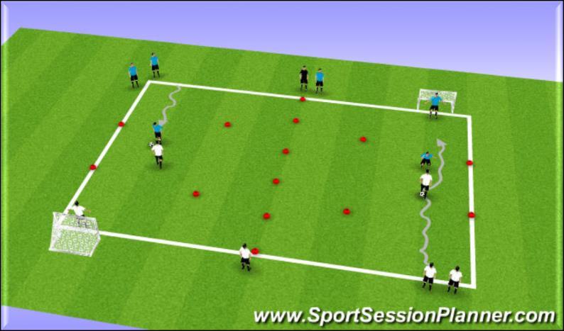 Split the players into teams and have each team line up behind a cone, 5 yards behind the grid. Ensure players keep the ball close when preforming moves and preparing to shoot.