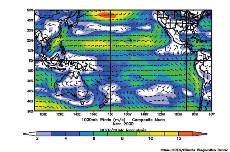 Section 6 The Surface Circulation of the Ocean Map of vector wind direction for November 2000, a