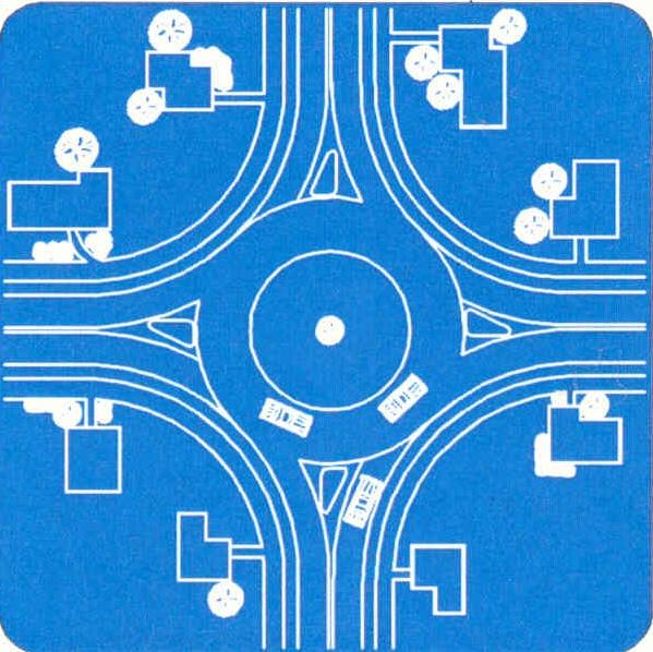 Roundabouts A raised circular structure that deflects the flow of traffic in a counter-clock-wise direction around the circle.