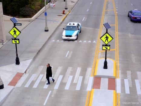 Slows traffic Increases driver awareness of crosswalk Requires minimal maintenance for striped crosswalks Approximate cost: $20,000 to $50,000 - (2016 dollars) May require removal of parking