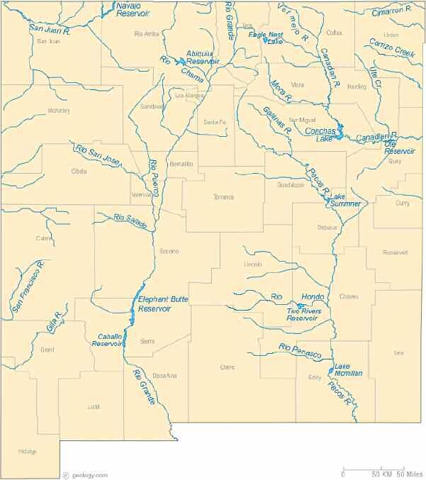 This map shows the major streams and rivers of New Mexico and some of the larger lakes. The Great Continental Divide crosses New Mexico.