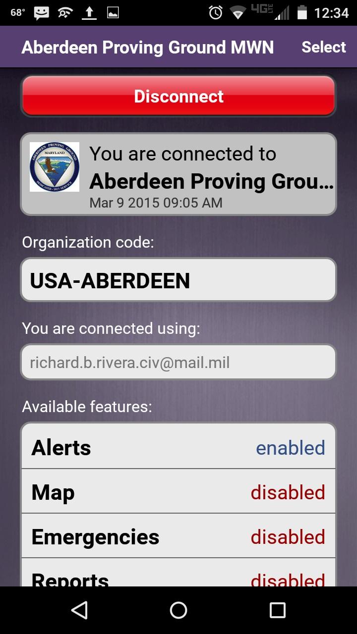 Frm the Prfile screen, tap the value under Switch Organizatin, then click n Aberdeen Prving Grund Alerts Icn.