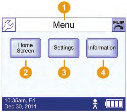 Menu Screen Use the Menu screen to go to the Settings menu, get information about the software version of the ventilator and ventilator use, or go back to the Home screen.