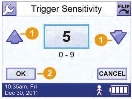 1 On the Trigger Sensitivity screen, touch the Up arrow to increase the value or the Down arrow