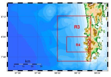 (Goto et al., 27). Target Area We selected wider coarse grid area for far-field tsunami simulation. The position started from latitude º N to 2ºN and longitude from 7ºE to 11ºE.