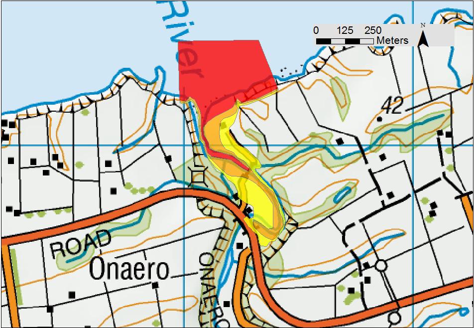 Figure 11: Urenui Tsunami Evacuation Zones Results indicate the area of Urenui Beach Road and the end of Whakapaki Street are