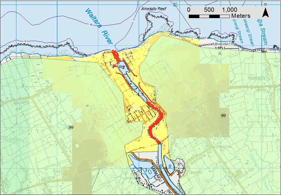 Results indicate the 2 m scenario is contained within the river area, however, the 4 m wave causes inundation in the area with the houses. Data sources for Waitara are shown in Figure 13.