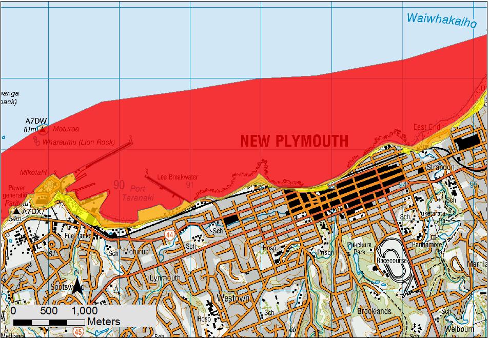 removed from model since no threat of inundation in these areas Figure 20: Details of New Plymouth area showing data sources