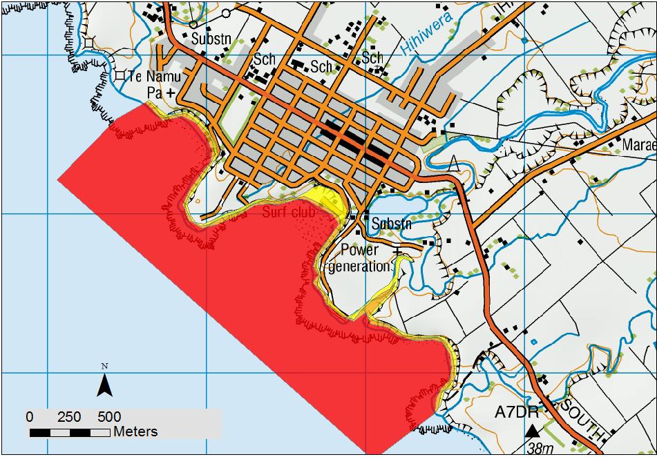 The evacuation zones for Opunake are shown in Figure 26. Legend Shore exclusion zone 2 m Max Wave Ht. 4 m Max Wave Ht.