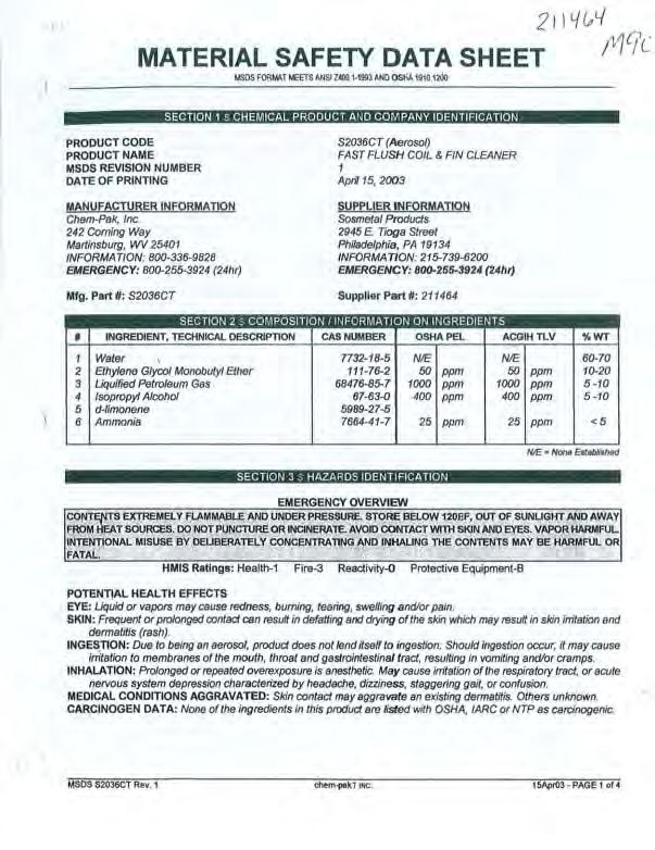 MATERIAL SAFETY DATA SHEET MSOS FORIJAT t.eets ANSI Z400.1 1993 AND OShA 1910.1260 21 I L{ r., t.