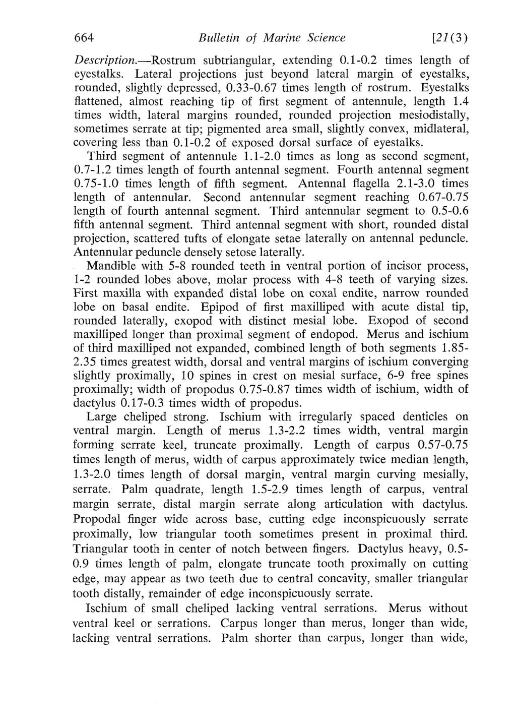 664 Bulletin of Marine Science [2/(3) Description. Rostrum subtriangular, extending 0.1-0.2 times length of eyestalks.