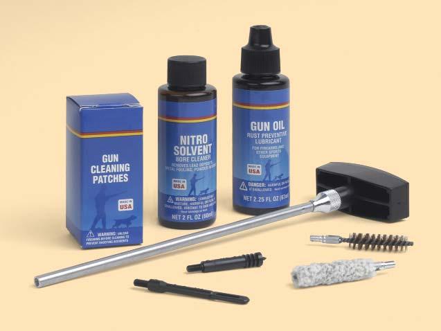 Firearm cleaning kits and materials can be purchased from most firearms dealers. Be aware that some firearm cleaning substances are toxic.