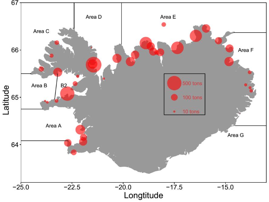 Fig.2 Lumpfish. Landings of females by harbour in 2016. Lumpfish management areas are shown. Mynd 2. Hrognkelsi. Landanir á rauðmaga árið 2016. Stjórnunarsvæði grásleppuveiða eru afmörkuð.