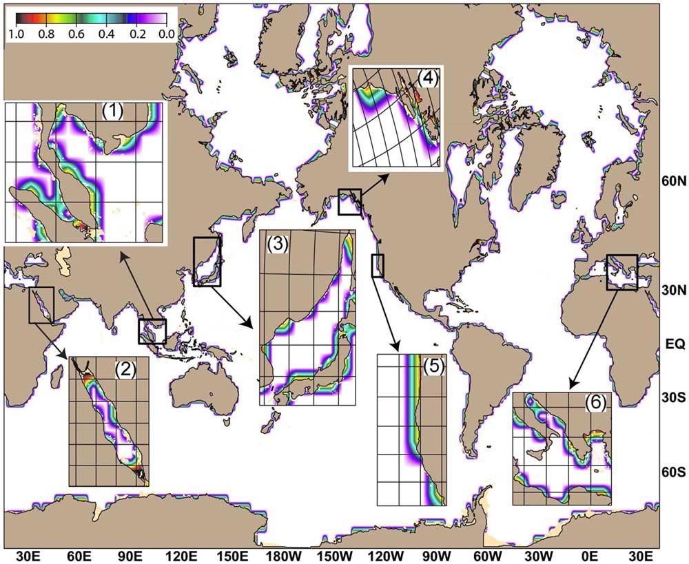 Figure 1. NCEP land-sea mask interpolated to 1/12 1/12 cos(latitude) grid (7 km at midlatitudes) over the global ocean.