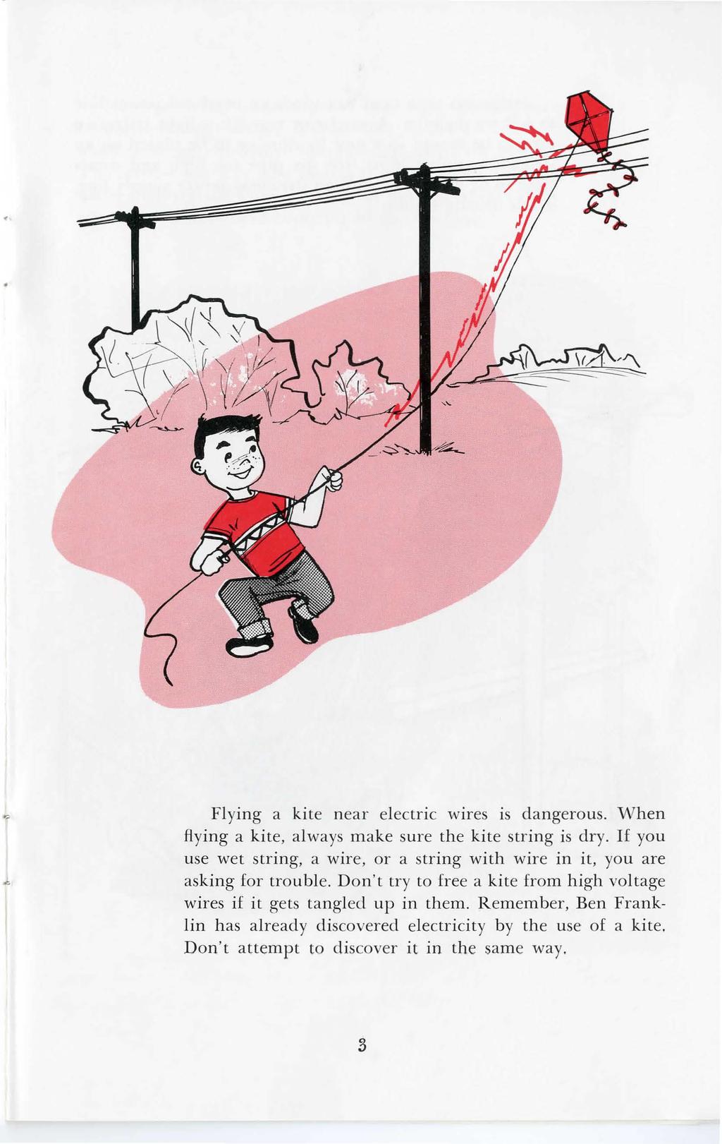 Flying a kite near electric wires is dangerous. W hen fl ying a kite, always make sure the kite string is dry. If you use wet string, a wire, or a string with wire in it, you are asking for trouble.