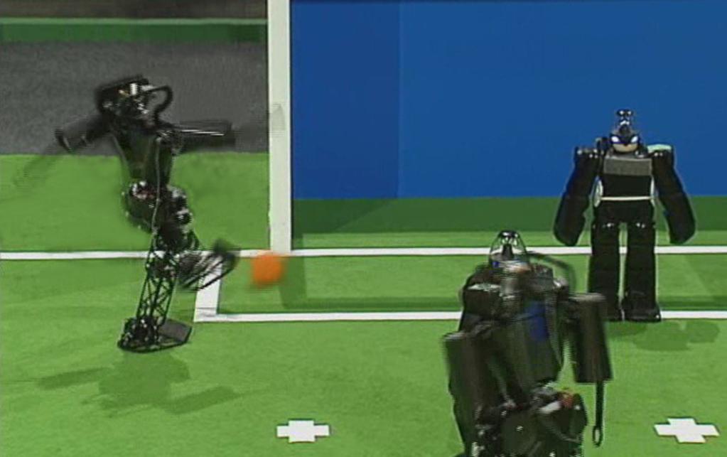 (a) (b) Fig. 12. RoboCup 2006: (a) 2 vs. 2 Soccer final NimbRo vs. Team Osaka. (b) KidSize Penalty Kick final NimbRo vs. Team Osaka. In the overall Best Humanoid ranking, our KidSize robots came in second, next only to the titleholder, Team Osaka.