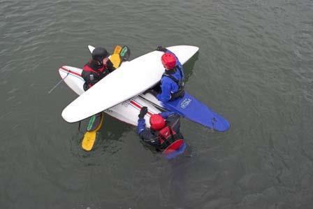 The student should practice a method which can rescue various low volume, finned crafts and wave skis.