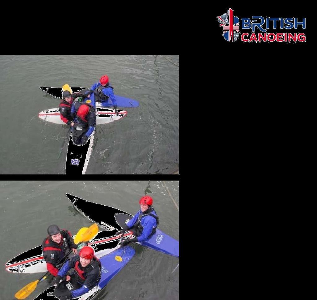 The rescuer ensures that the swimmers spray deck is on before sliding them off on to the water, whilst all are still in contact with each other paddles are handed back.