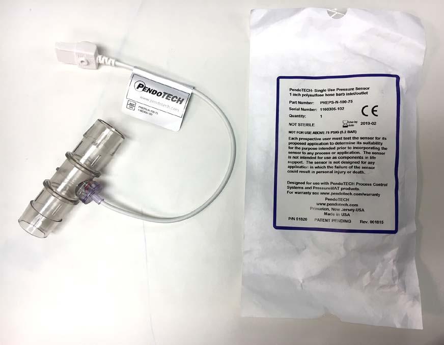Figure 4. Picture of finished pressure sensor and Tyvek pouch with cable and pouch labels showing part number and lot number followed by the serial number and expiration date.