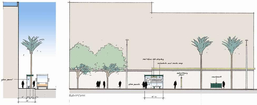 Geary BRT Study Prototypical stop design, developed as part of Inner Geary TPS Project Pedestrian Safety And Landscaping Improvements Bus rapid transit in San Francisco would not only be a cost